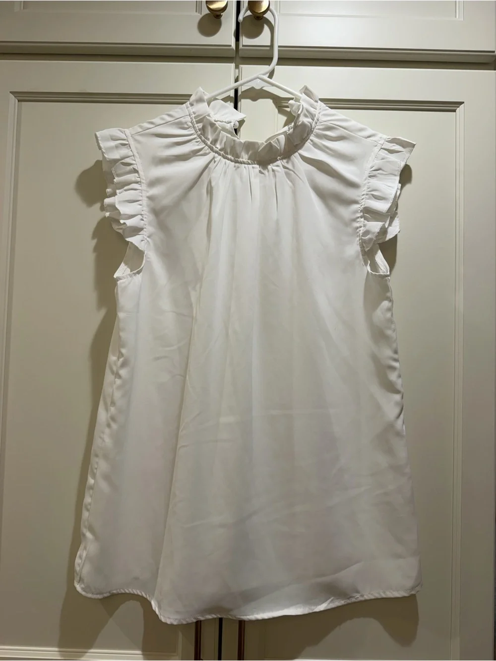 White Ruffle-Trim Sleeveless Tank Blouse